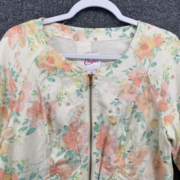 Candies Jacket Junior M Beige Pink Floral Full Zip Bomber Casual Romantic Boho - Picture 2 of 8